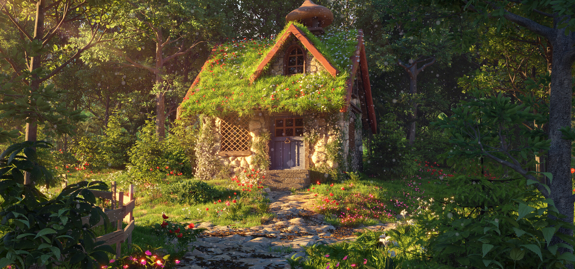 Escena 3D Aurelia con una casa en un bosque